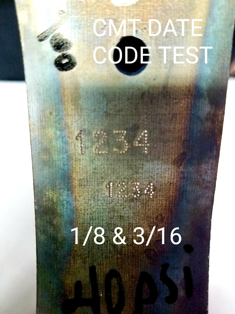Columbia Marking Tools used Model 851 Slide-A-Mark to make dot-style character mark in this steel automotive part